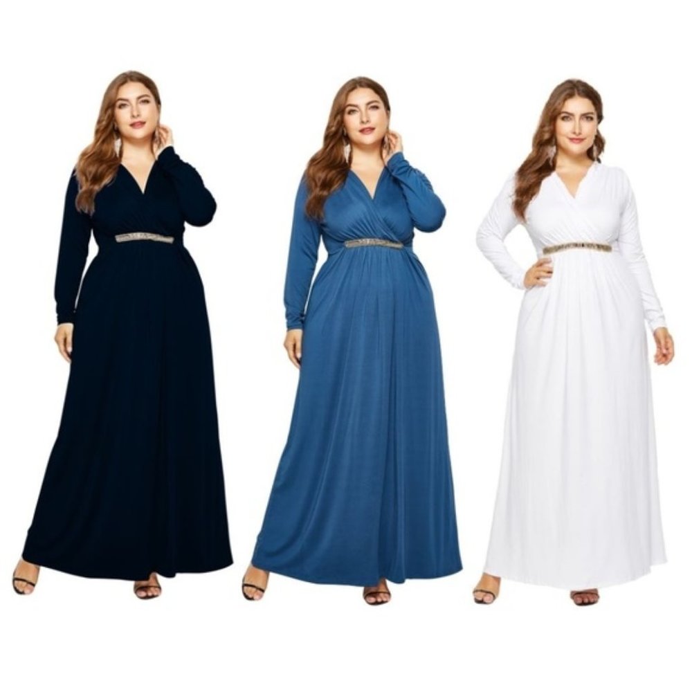 BLACK Long Sleeve V Neck Evening Dress